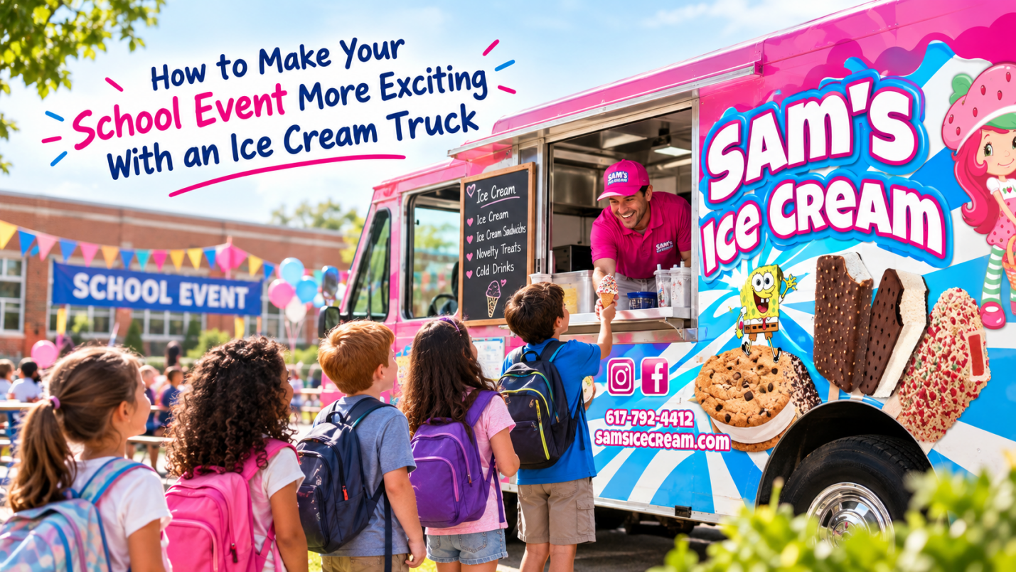 Sam’s Ice Cream truck at a school event with children